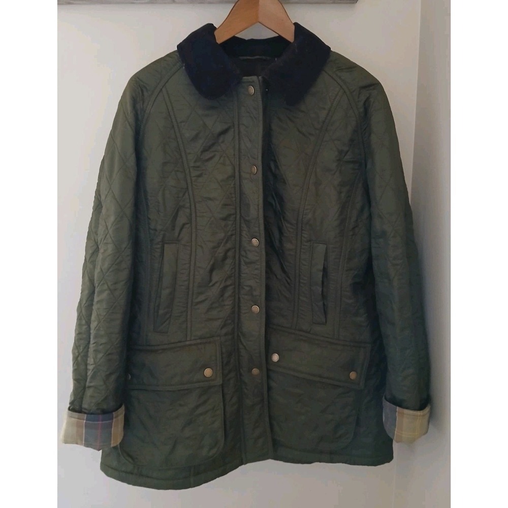 Barbour Beadnell Polarquilt Jacket Size 14 Green Chore Barn Fall Plaid Corduroy